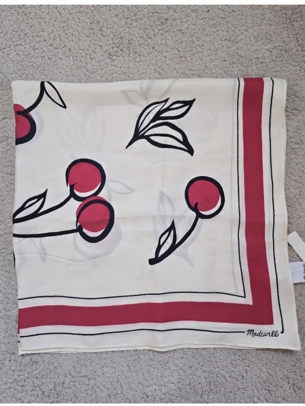 Madewell Cherry Print Silk Bandana Scarf NWT 100% Silk Red Ivory Sold Out - Picture 3 of 5
